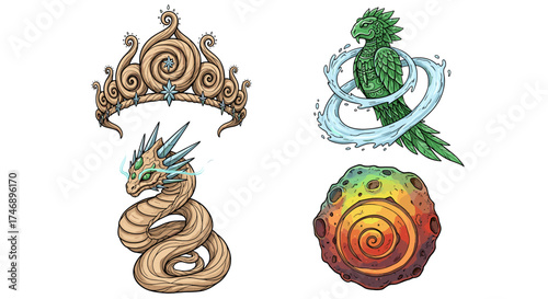 Stylized Elements: Crown, Serpent, Bird, and Meteor on White Backdrop