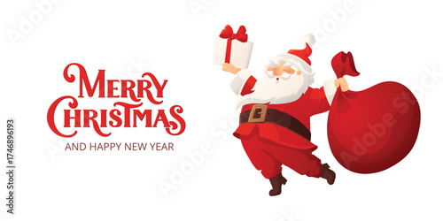 Santa Claus with red sack and Christmas gift. Merry Christmas lettering. Cartoon vector for holiday sale posters, New Year marketing, greeting cards, social media.Transparent background in vector file