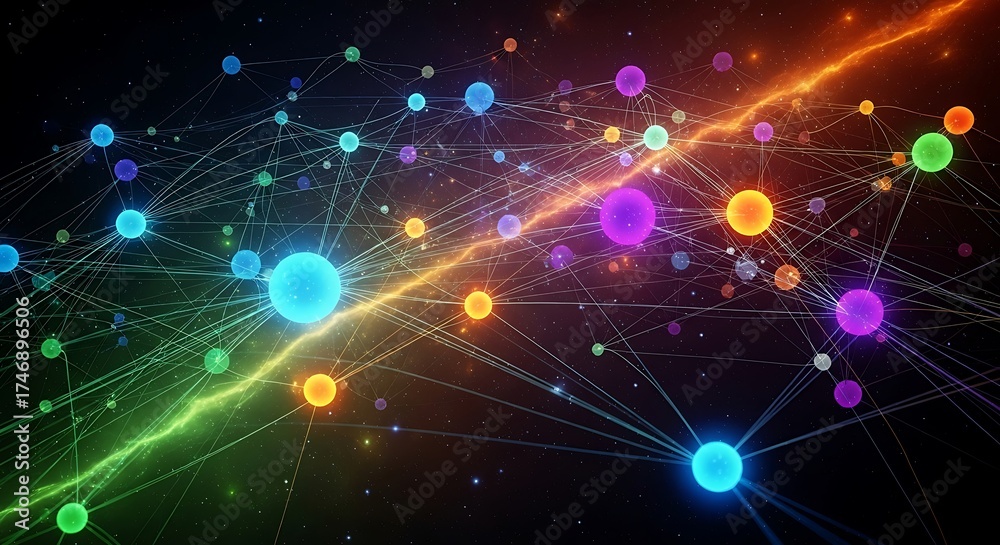 Fototapeta premium Abstract Neural Network with Glowing Connections and Colorful Nodes Illustration