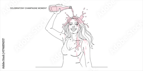Woman pouring pink champagne over her head continuous single line art drawing sketch on white background