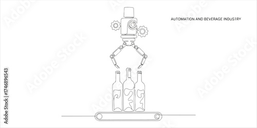 Robotic Claw over Wine Bottles: Automation and Beverage Industry continuous single line art drawing sketch on white background