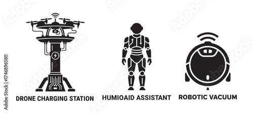 Drone Charging Station Humanoid Robot and Robotic Vacuum Icons Keywords: drone charging station, humanoid robot, robotic vacuum