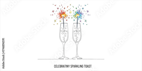 Colorful Sparklers Inside Champagne Flutes continuous single line art drawing sketch on white background