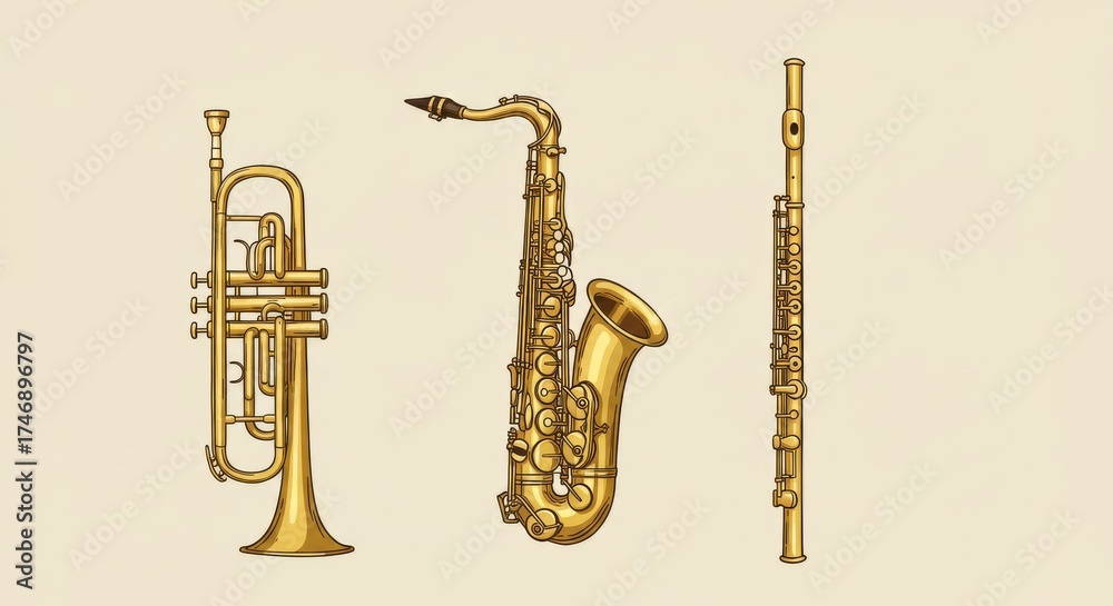 Naklejka premium Brass and Wind Instrument Vector Set Isolated with Warm Glow