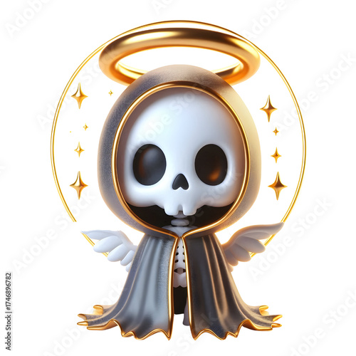 Cute 3d skeleton wearing ghost cloak surrounded by a golden halo isolated on white background