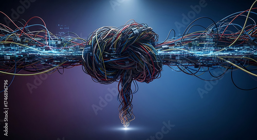 Abstract Tangled Multi Colored Wire Mess and Network Communication Technology