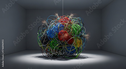 Intricate 3D Rendered Tangled Multicolored Cable Clutter Inside Gray Room Structure