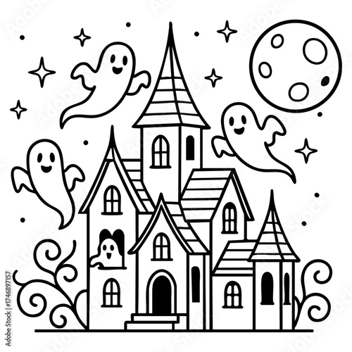 Cute Haunted Mansion Vector Illustration. Outline Design. Coloring Book Page. SVG. Transparent Background. Printable Halloween Design.