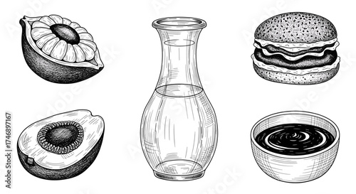 Artistic Monochrome Food Still Life with Fruit, Oil and Burger