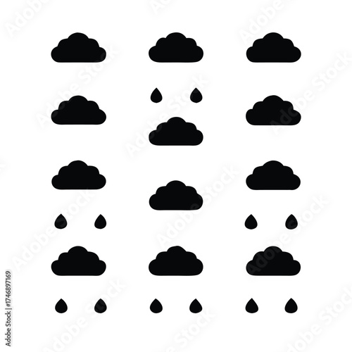 Solid Black and White Seamless Pattern of Clouds and Rain Drops