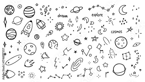 Doodle simple elements. Cute line planets, rockets, astronauts, stars, moons, constellations, telescopes, and comets. Vector sketch hand drawn set