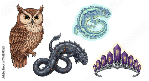 Mystical Creatures and Magical Artifacts on a Clean White Background
