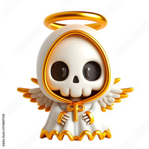 Cute 3d skeleton wearing ghost cloak surrounded by a golden halo isolated on white background