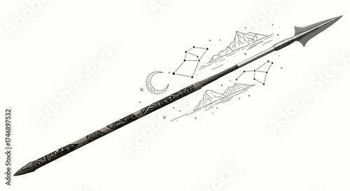 Ornate Spear with Celestial and Landscape Illustrations on White Background