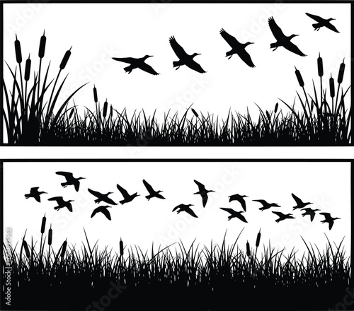 Flying Birds Over Marsh Silhouette Vector – Waterfowl and Reeds Landscape Illustration