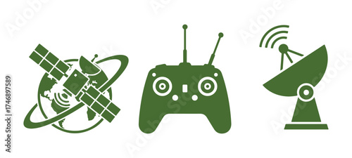 Satellite Remote Control Satellite Dish Icons Green space earth