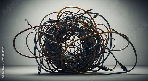 Tangled Electrical Cable Mess: Abstract Colorful Wires in a Chaotic Pile