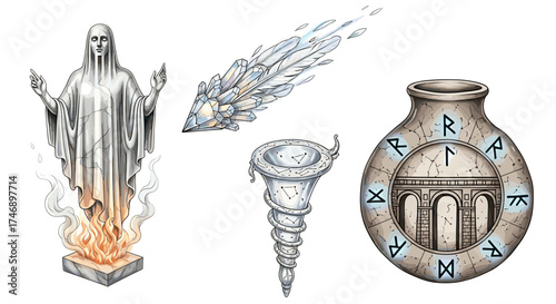 Mystical objects collection with statue on fire and crystal arrow
