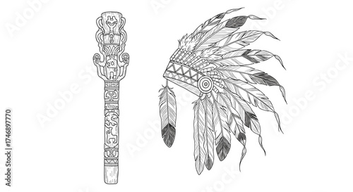 Indigenous Culture Illustration: Detailed Headdress and Carved Totem on White