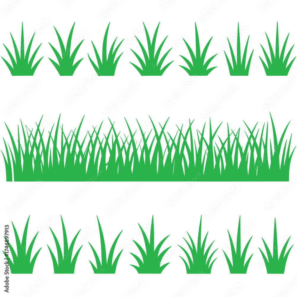Fototapeta premium A vector illustration set features a green grass pattern, perfect for a spring or summer nature background, meadow field, or garden lawn design