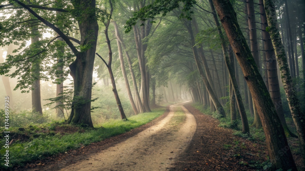 Fototapeta premium Winding dirt path curves through lush forest nature scene morning light serene environment tranquil viewpoint