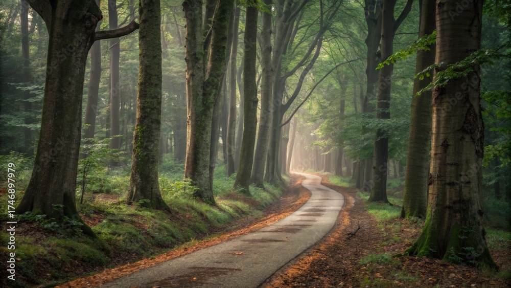 Fototapeta premium Serene winding paved road through enchanted forest nature scene tranquil environment captured in soft light