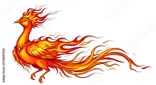 Fiery Phoenix Rising: Mythical Bird Engulfed in Flames and Glowing Brightly