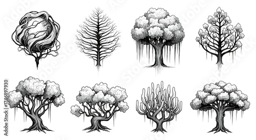 Diverse black and white tree illustrations artfully arranged in a seamless pattern
