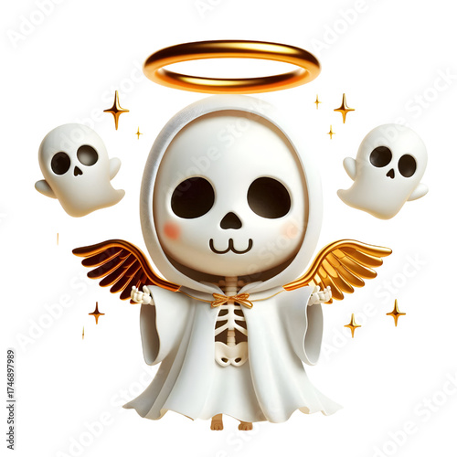 Cute 3d skeleton wearing ghost cloak surrounded by a golden halo isolated on white background