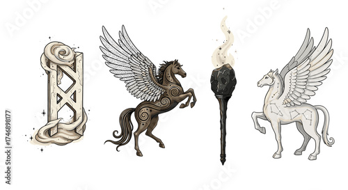 Mystical Symbols with Pegasus and Rune, evoking Fantasy and Mythology