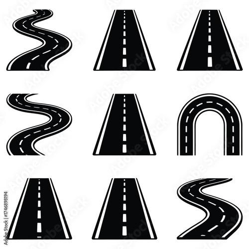 Vector illustration set of road signs for highway traffic and transportation direction on a long asphalt street journey forward