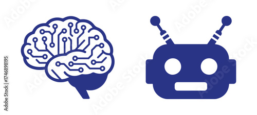 Digital Brain and Robot Head Icons mind artificial intelligence