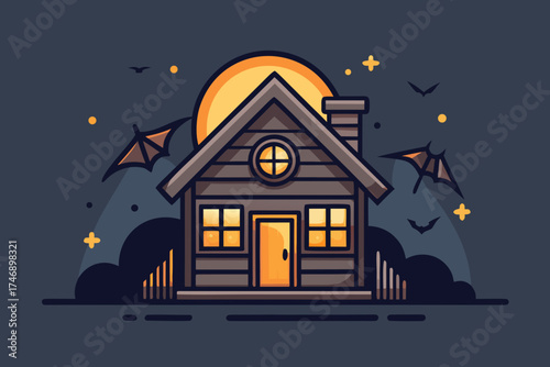 abandoned cottage icon glowing roof spooky night design  