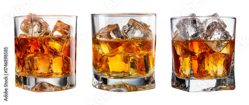 Refreshing amber whiskey neat with ice in clear glass, studio shot on black, perfect for luxury drink advertising PNG set with transparent background