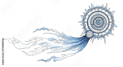 Artistic Ice Sun Drawing with Clouds and Runes on White