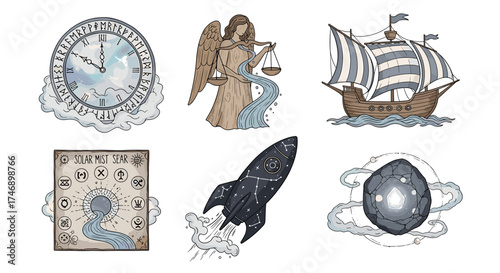 Mystical elements on a white backdrop including angel, rocket, clock