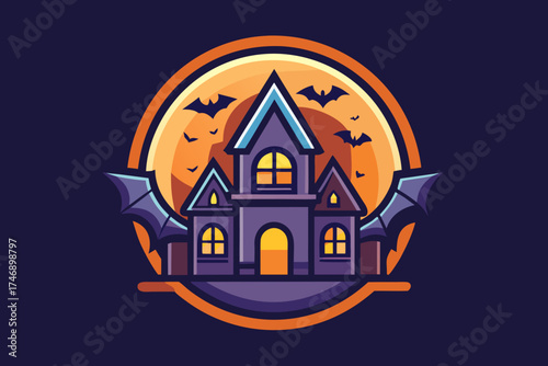 circular badge haunted house glowing windows spooky emblem  
