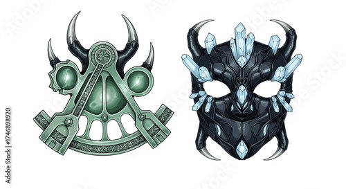 Mystical Astronomical Device and Crystal Mask, Fantasy Illustration on White