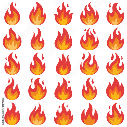 The fiery vector icon set includes burning symbols of heat, danger, and orange light