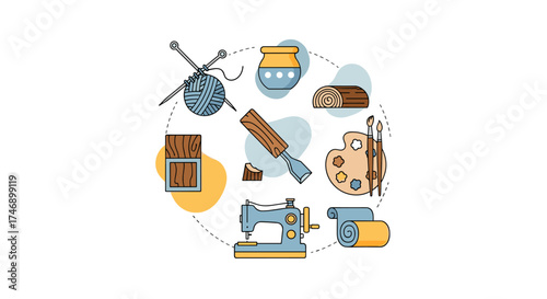 A vibrant illustration showcases various craft tools and supplies, including knitting needles, pottery, wood carving, painting, and sewing, representing creative hobbies and artistic pursuits against