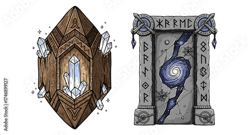 Mystical Objects: Wood Crystal and Stone Galaxy Portal Illustrations