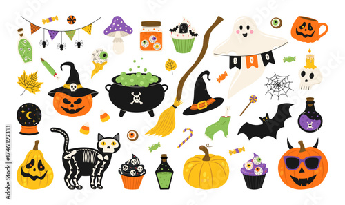 Spooky set of Halloween stickers. Big set of clipart: pumpkins, a cat skeleton, a ghost, a bat, a magic cauldron, cupcakes, witch broom, poison, zombie hand, finger dessert. Vector flat illustration.