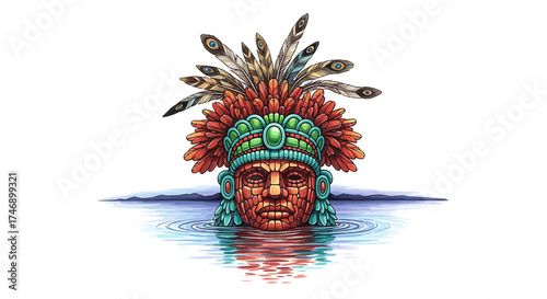 Aztec Warrior Sculpture Emerges in Water with Feathers