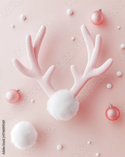 Minimalist Christmas reindeer antlers flat lay with cotton candy ornaments