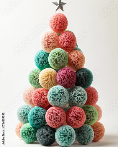 Christmas tree decorated with colorful bath sponges modern festive concept