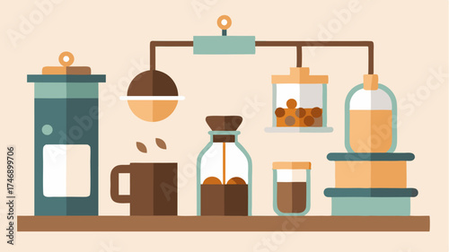 An interactive coffee tasting station where visitors can explore different beans and brewing ods featuring jars and explanation cards.