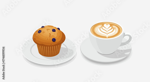 A blueberry muffin  latte rest on white plates against a white background