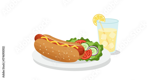 A plate featuring a hotdog with mustard salad  lemonade with ice  a lemon slice