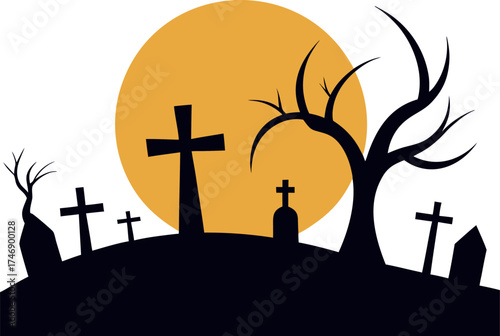 Halloween Graveyard Scene with Tilted Tombstones, Spooky Night Vector Art