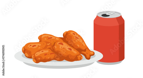 A plate of chicken wings sits next to a red soda can